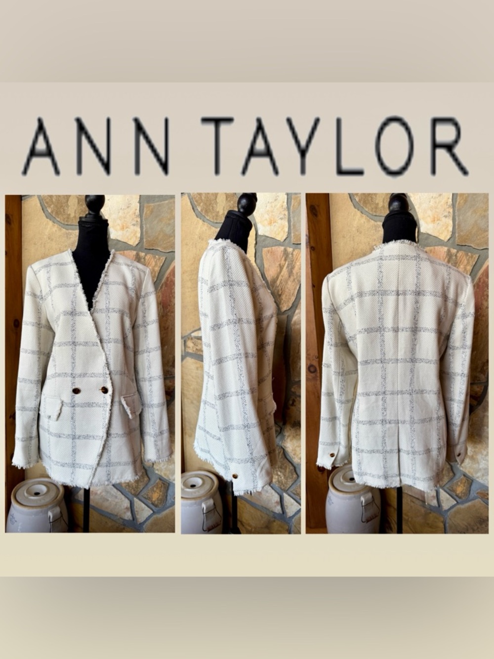 Ann Taylor Cream Gray Windowpane Tweed Fringed Blazer (14) Like New! - Picture 17 of 17